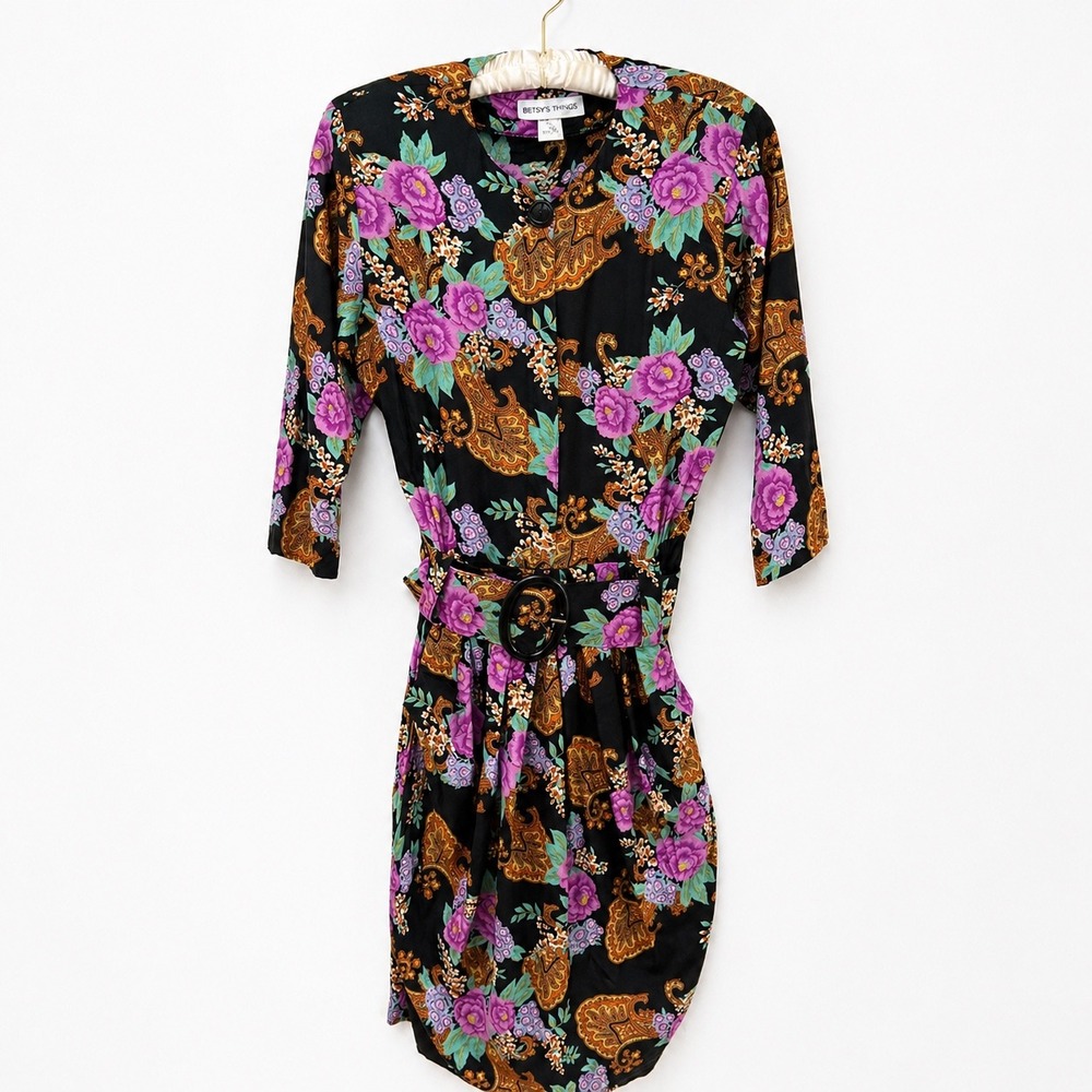 Vtg 80s Betsys Things Dark Floral Paisley Midi Dress *9 Small* Black Whimsigoth